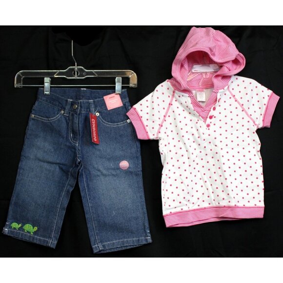 NEW 2008 Gymboree 2pc Tennis Match sz 4 Denim Capri Hooded Shirt Dots Turtle - Picture 1 of 8